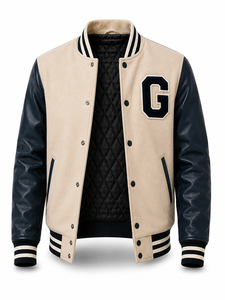 Veste universitaire unisexe, corps en toile, manches en laine/polyester, patchwork, patch lettre G sur le devant, style preppy, col rabattu, hiver - Product Image 4