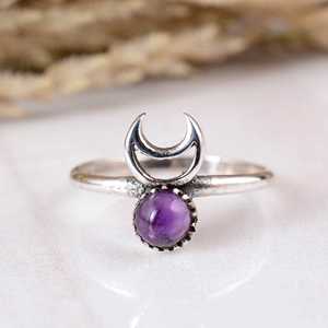 SHYAM JEWELRS Handmade 925 Sterling Silver Amethyst Crescent <b>Moon</b> <b>Ring</b> Natural Gemstone Celestial Dainty Band Artisan Witchy - Product Image 1