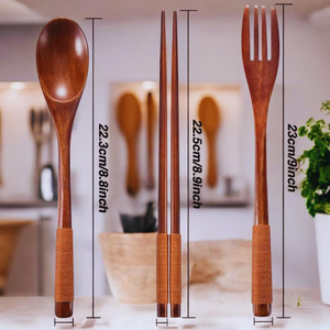 Ensemble de couverts en bois : Vaisselle japonaise portable avec manche noir - Product Image 4