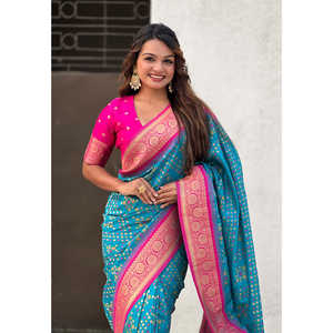 Sari Patola en soie douce bleu ciel Premium Elite Weaves, tissé Zari avec des tissages contrastés pour sari de soirée - Product Image 4