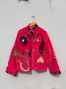 Handcrafted Pink Velvet <b>Jacket</b> for Women Premium Winter Wear Hand Embroidery Elegant Floral Motifs Front Zipper Closure - Product Image 2