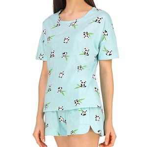 Ensemble de shorts 2 pièces pour femmes, imprimé panda, bleu clair, col rond, manches courtes, coupe ample décontractée, printemps été, 100% coton - Product Image 3