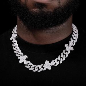 Collier chaîne cubaine de luxe en moissanite sertie de pierres, avec breloques papillon, bijoux hip-hop plaqué or/argent, Banti Jewels - Product Image 3