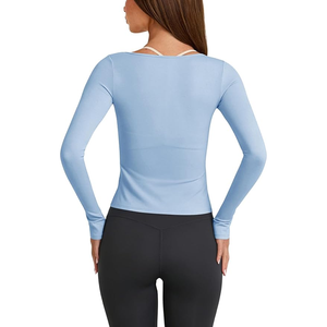 <b>Women</b> Light Blue <b>Long</b> Sleeve Yoga <b>Top</b> Criss Cross Neck Solid Color Breathable Activewear Full Sleeve Fitness Shirt - Product Image 4
