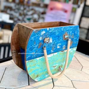 Pots de fleurs / Sacs à fleurs en bois de bateau recyclé couleur naturelle pour la décoration intérieure, extérieure, jardin, pot rond en rotin/mangue grand format - Product Image 4