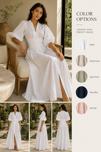 Vestido Maxi Bohemio de Lino Blanco Estilo Francés para Mujer, con Mangas Abullonadas, Cuello Mandarín, Corte Moderno, Cintura Natural y Abertura Frontal - Product Image 6