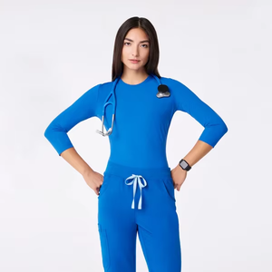 Ensemble de blouses et chemises d'hôpital unisexe bleu en tissu tissé coton-polyester - Product Image 1