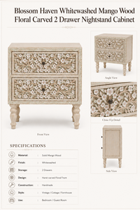 Blossom Haven Eco-Friendly Durable Handmade Whitewashed Mango Wood Farmhouse Floral Carved 2-<b>Drawer</b> Bedroom Nightstand Cabinet - Product Image 5