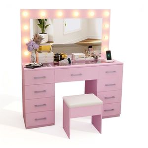 Macaron 9 Drawer Dressing <b>Table</b> Set with 12 Tri-Color LED Light Bulbs Particleboard & Melamine Finish <b>Makeup</b> Vanities - Product Image 3