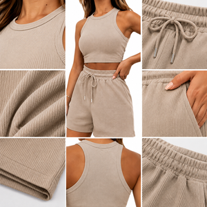 Ensemble décontracté 2 pièces pour femme en polyester/coton tricoté, avec débardeur court côtelé et short à cordon de serrage, idéal pour l'été - Product Image 3