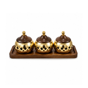 Ensemble de bols à dattes arabes avec plateau en bois, récipients de rangement pour aliments en métal martelé doré avec couvercles en bois pour Ramadan Eid Mubarak - Product Image 1