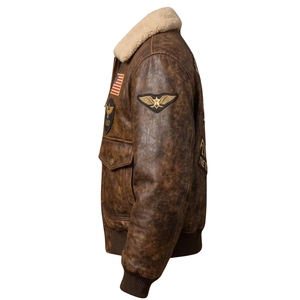 Chaqueta de aviador estilo bomber de cuero envejecido con revestimiento premium |   Calzado Deportivo Marrón Auténtico, Transpirable, Edición Streetwear, Estilo Vintage - Product Image 3
