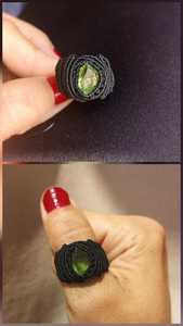 Handmade Boho Macrame <b>Ring</b> with Natural Green Gemstone <b>Crystal</b> - Black Adjustable Statement Cord <b>Ring</b> Wholesale Jewelry - Product Image 2