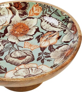 Bol de service en bois fait main moderne avec motif floral et base surélevée pour la présentation des aliments - Product Image 3
