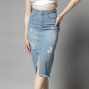Fashion Vintage Wholesale Casual Straight Jeans Ladies Blue Denim Women's High Waist Slit Hem Rough Style Denim Long Skirt - Product Image 4