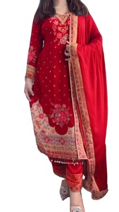 ชุดคุर्ติผ้าเรยอนจอร์เจตต์เนื้อหนาแบบดั้งเดิม ปักลายชินอน พร้อมผ้าคลุมไหล่ ชุดแต่งงานแบบดั้งเดิม สีแดง ตัดเย็บสำเร็จ - Product Image 2