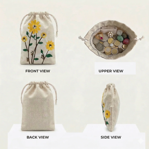 Cotton <b>Drawstring</b> <b>Pouch</b> Bag with Sunflower Embroidery Stitching Multi Color Pattern Small <b>Pouch</b> Bag With Cord Closure Bag - Product Image 6
