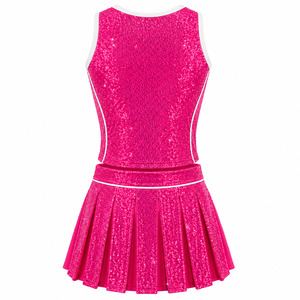 Uniforme de animadora con lentejuelas rosas para mujer, conjunto de top y falda plisada con ribete blanco - Product Image 2