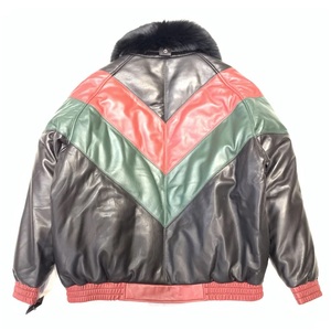 Men's <b>Black</b> <b>Red</b> White Color Blocking Leather Bomber <b>Jacket</b> with Fur Collar Zipper Closure Winter Warm Moto Style Leather <b>Jacket</b> - Product Image 5