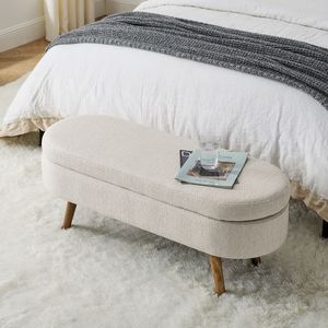 Banc de rangement ovale beige avec pieds en bois d'hévéa (43,5"x16"x16") - Product Image 2
