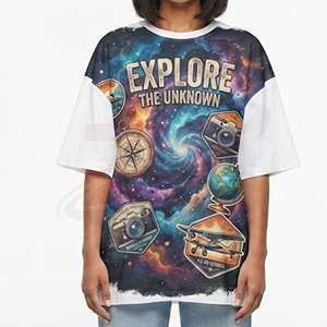 Camiseta Oversize para Mujer con Estampado de Galaxia, Cuello Redondo, Manga Corta, Ajuste Holgado, Transpirable, para Todas las Estaciones, Diseño con Parches - Product Image 4