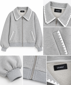 Blouson Bomber en Polaire Gris Clair Premium pour Femme avec Col Contrastant Élégant et Bordure de Poche, Manches Longues, Fermeture Éclair sur le Devant - Product Image 4