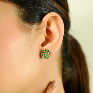 Boucles d'oreilles en forme de fleur éclose en émeraude et diamant 100% naturels, pierres précieuses, pour femme, en or jaune véritable 18 carats - Product Image 6