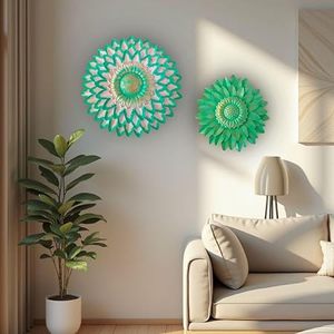 Handmade Metal <b>Wall</b> Decor Circular Bohemian Floral Art 2Pcs Hanging Home Accent Green Plant Pattern - Product Image 5