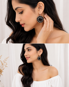 Boucles d'oreilles pendantes en pierres précieuses faites à la main |   Boucles d'oreilles pendantes rondes en argent oxydé tendance |   Bijoux ethniques bohèmes en gros - Product Image 3