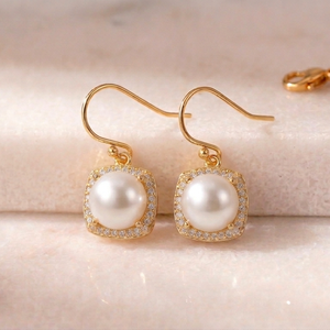 Boucles d'oreilles élégantes en perles blanches CZ, argent sterling 925 plaqué or 18 carats, 10 mm, bijoux ethniques pour femmes - Product Image 2