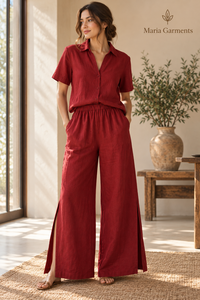 <b>Women</b> Summer Loose Fit Cotton Linen Wide Leg Pants Set Short Sleeve Button Shirt Elastic Waist Palazzo <b>Trousers</b> 2 Piece Outfit - Product Image 4