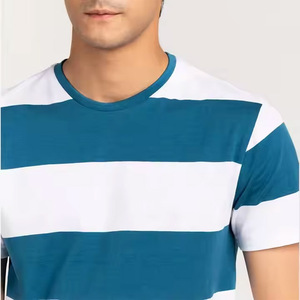 Camiseta personalizada a rayas de verano, camiseta a rayas sublimada, camiseta deportiva con cuello redondo para hombre, camiseta de algodón con líneas azul marino y blancas. - Product Image 2