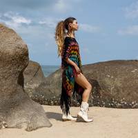 Robe caftan élégante à manches longues faite à la main Tie Dye Tassel Casual Summer Collection Straight Silhouette Beach Wear Contrast Color