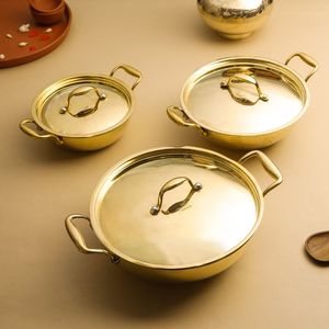 Brass Kadahi With Stainless Steel Lining Dual Handle Traditional Chinese Cookware <b>Pot</b> For Stovetop <b>Cooking</b> Durable - Product Image 6