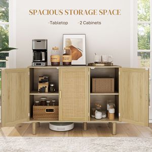 Buffet bohème fait main de 46,9 pouces avec 3 portes en rotin et étagères pour salle à manger ou couloir de villa, aspect naturel - Product Image 4