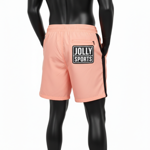 Shorts de baño para hombre Premium 120 GSM de microfibra de poliéster de secado rápido color melocotón con paneles laterales de malla y logo con transferencia térmica. - Product Image 5