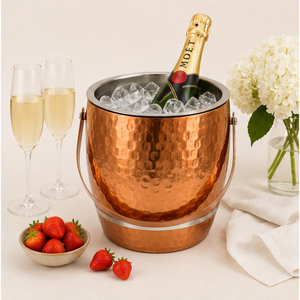 Seau à glace en acier inoxydable à double paroi martelé couleur cuivre avec couvercle, refroidisseur à vin et champagne pour accessoires de bar - Product Image 4