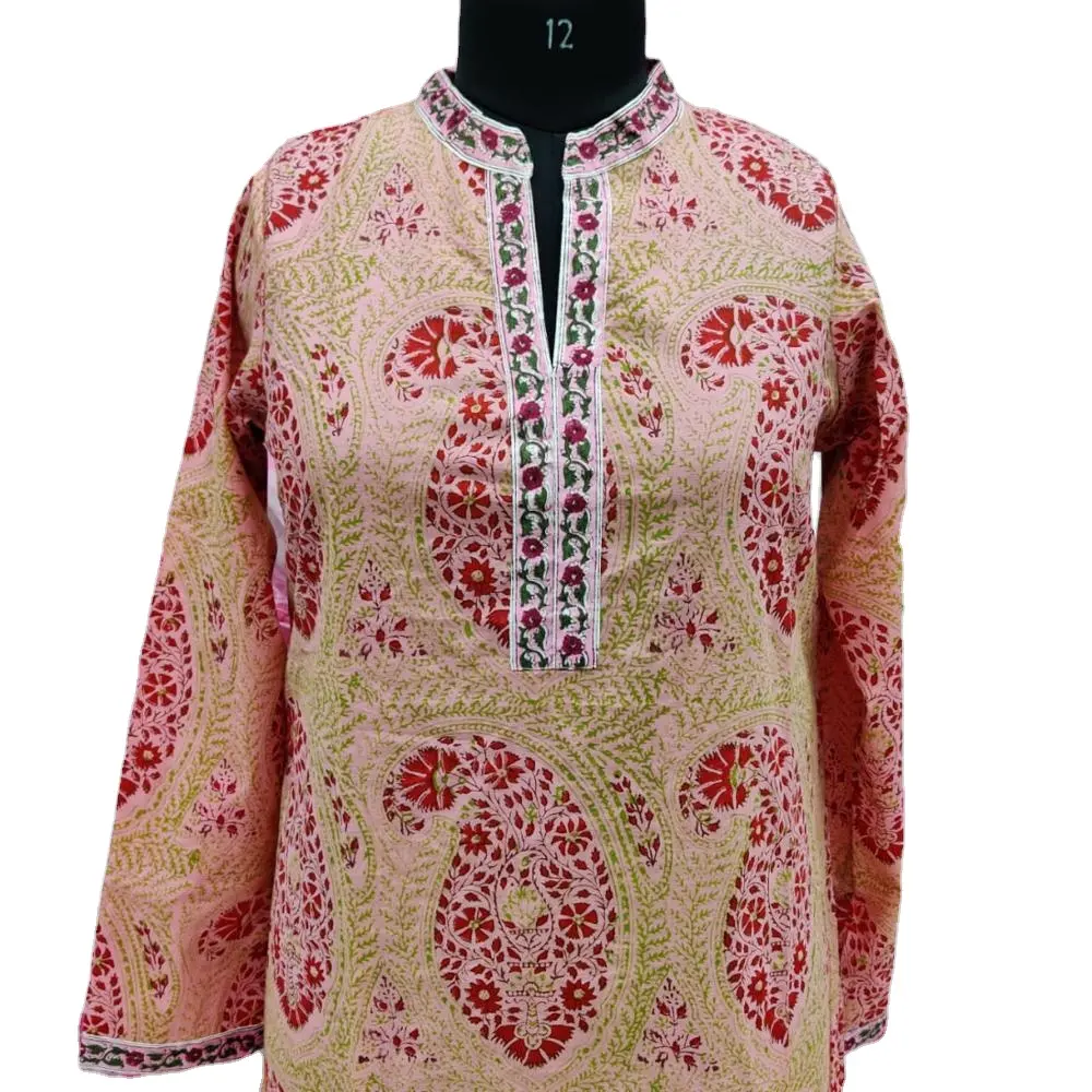 Bloco de mão mulheres kurti top impressão de algodão, branco, roupas indianas da índia & do paquistão festa escritório casual kurti