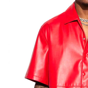 Chemises en cuir tissé respirantes à col montant pour hommes, personnalisées OEM, décontractées pour l'hiver, avec deux poches latérales, manches courtes - Product Image 6