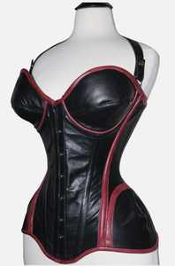 Corsé de cuero negro para mujer con ribete rojo, cierre de gancho y ojal, control firme, diseño sobre el busto, con varillas de acero - Product Image 2