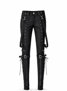 Pantalones ajustados de cuero genuino negro estilo gótico de invierno con cintura alta, correas con cordones y detalles de remaches, de longitud completa para mujer - Product Image 3