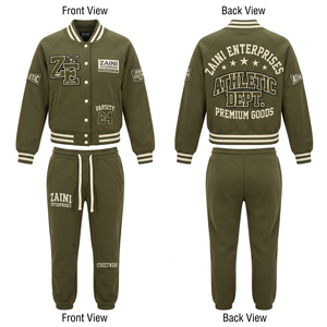 Premium Women Varsity Tracksuit 320 GSM Cotton Polyester Fleece Olive Green Custom <b>Embroidery</b> Twill Patch Screen Print - Product Image 1