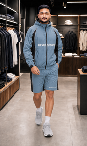 REXFIT SPORTS 2026Custom Mens Blue Gray Nylon Windbreaker Set Hooded Pullover <b>Jacket</b> Shorts Private Label Sportswear Manufactur - Product Image 4