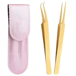 2 pinces à épiler à pointe droite et incurvée, 4,5 pouces, en acier inoxydable, pour extensions de faux cils, avec étui en cuir - Product Image 1