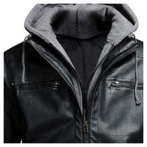 Men's Black <b>Hooded</b> Genuine Leather Windproof Winter <b>Jacket</b> with <b>Fur</b> Trim Polyester Lining Color Blocking Zip-Up Closure - Product Image 5