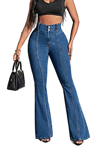 YUANBOFEI Nouvelle Collection Jean Femme Bleu Denim Coupe Droite Taille Mi-Haute Extensible avec Empiècements Avant et Arrière 100% Coton Respirant - Product Image 4
