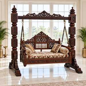 Banc suspendu Jhula artisanal en bois au design traditionnel, avec dossier sculpté orné, suspension à chaîne en laiton et assise rembourrée pour balcon - Product Image 3