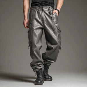 กางเกงคาร์โก้หนัง PU ทรงโอเวอร์ไซส์ สไตล์สตรีท ซิปหน้า เอวสูงรูดเชือก ขากว้าง มีกระเป๋าหลายช่อง สำหรับผู้ชาย - Product Image 6