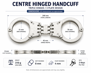 Menottes de sécurité Phoenix 100% en acier inoxydable argenté de haute qualité, à double verrouillage, conception à charnière centrale, sans sangle, Inde - Product Image 6