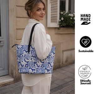 Hand Block Printed Leather Strap <b>Tote</b> Bag for Women Cotton <b>Canvas</b> Shoulder Bag Office Work Travel Shopping <b>Tote</b> - Product Image 2